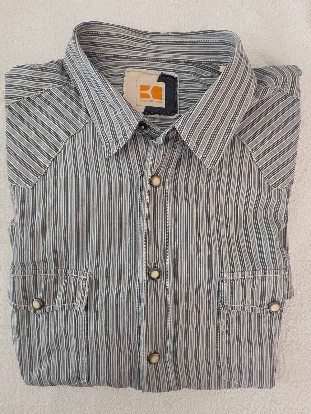 BOSS ORANGE Men's Blue and White Narrow-Striped Button-Down Shirt